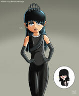 2021 alternate_hairstyle alternate_outfit artist:julex93 blushing character:lola_loud character:lucy_loud dialogue dyed_hair goth half-closed_eyes hand_gesture hands_on_hips makeup open_mouth role_swap smiling text thumbs_up // 1800x2200 // 695KB