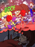 2019 artist:jfmstudios bed boxing boxing_gloves boxing_ring character:dipper_pines character:lynn_loud character:mabel_pines character:pacifica_northwest dialogue dream drool gravity_falls in_bed pillow referee sleeping sweat whistle // 1500x2000 // 1.0MB