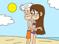 2023 aged_up alternate_outfit arms_around_belly artist:syfyman2xxx background_character backhug beach bikini character:cookie_qt character:lincoln_loud cloud cookiecoln eyes_closed hug looking_back midriff smiling sun swimsuit topless water // 903x684 // 35KB