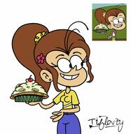2022 aged_up artist:tifflovty character:luan_loud holding_food holding_object pie redraw smiling // 1281x1315 // 161KB