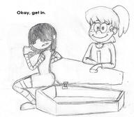 2016 arms_crossed arms_support artist:vinnietwotoes character:lucy_loud character:lynn_loud coffin dialogue hand_gesture looking_at_viewer parody pointing sitting sketch smiling spongebob_squarepants text // 1000x868 // 257KB