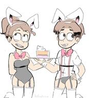 2017 animal_ears artist:hellcakes bunny_ears bunnysuit cake character:lane_loud character:luan_loud cleavage crossdressing food genderswap hold_up_stockings holding_food on_knees square_crossover thick_thighs thigh_highs wide_hips // 1156x1280 // 247KB