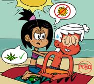 2023 aged_up aloe_vera artist:monsterfan50 beach blushing character:lincoln_loud character:ronnie_anne_santiago on_knees ronniecoln sitting sun sunburn sunscreen swimsuit towel water // 1783x1608 // 916KB