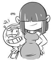 2018 4chan aged_up arm_around_shoulder artist:eme character:lincoln_loud character:lucy_loud looking_at_another looking_up lucycoln smiling sweat wide_hips // 614x712 // 150KB