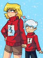 2022 alternate_outfit artist:mr_nobody blushing character:lincoln_loud character:lori_loud hand_holding hand_on_hip heart logo looking_away looking_up loricoln meme smiling snow sweater winter_clothes // 3072x4096 // 826KB