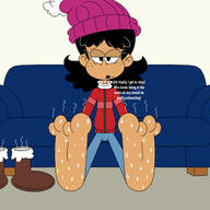 2023 alternate_outfit artist:tommydraws barefoot character:stella_zhau comic comic:stella's_barefoot_journey couch dialogue feet half-closed_eyes hat open_mouth sitting solo sweat text // 1432x1434 // 608KB