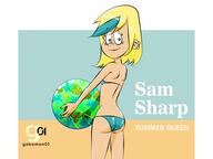 2021 alternate_outfit artist:gabomon01 ass ball beach bikini character:sam_sharp looking_at_viewer looking_back smiling solo swimsuit text // 600x451 // 30KB