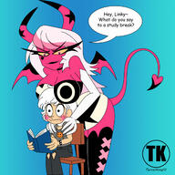 alternate_outfit bending_over blushing book character:lincoln_loud character:verosika_mayday crossover demon dialogue fanfiction fanfiction:a_loud_among_demons freckles helluva_boss helluvaboss holding_object human larger_female looking_down pink_hair size_difference smaller_male tagme verosicoln // 1600x1600 // 265KB
