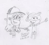 2017 artist:julex93 character:lincoln_loud character:margo_roberts hand_gesture hand_holding hearts margocoln open_mouth pointing sketch smiling // 414x382 // 41KB