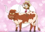 2023 artist:eezyseven boots bull character:mollie commission commissioner:kingjacen cow cowboy cowboy_hat hat hearts looking_up one_piece one_piece_swimsuit riding smiling swimsuit // 3508x2480 // 2.5MB