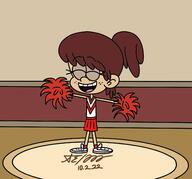 2022 alternate_outfit artist:mirrormation63 character:lynn_loud cheerleader cheerleader_outfit eyes_closed open_mouth pom_poms raised_arms school smiling solo // 1454x1352 // 147KB