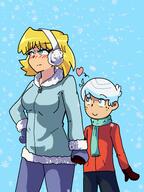2022 alternate_outfit artist:mr_nobody blushing character:lincoln_loud character:lori_loud earmuffs hand_holding hand_on_hip heart looking_away loricoln scarf smiling snow winter_clothes // 3072x4096 // 816KB