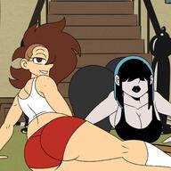aged_up alternate_hairstyle alternate_outfit artist:chillguydraws ass au:thicc_verse big_ass big_breasts bottomless character:lucy_loud character:lynn_loud edit freckles gym_clothes gym_shorts living_room smiling thick_thighs wide_hips // 1500x1500 // 250KB
