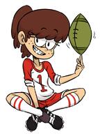 2019 artist:centinel303 character:lynn_loud football holding_object looking_at_viewer simple_background sitting smiling solo // 600x800 // 132KB
