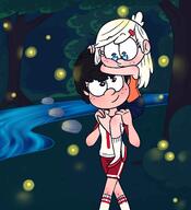 2020 artist:laugh-out-loud-house carrying carrying_on_shoulders character:linka_loud character:lynn_loud looking_at_another lynnka night piggyback smiling // 1280x1408 // 823KB