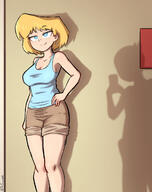 2023 artist:mr._snowkell big_breasts boner bulge character:lincoln_loud character:lori_loud cleavage erection_under_clothing half-closed_eyes hand_on_hip holding_object living_room loricoln offscreen_character phone pose shadow shorts silhouette smiling solo // 951x1200 // 551KB