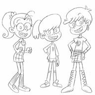 2016 artist:uots character:luan_loud character:luna_loud character:lynn_loud fist hand_on_hip hands_on_hips lineup looking_at_viewer open_mouth raised_eyebrow sketch smiling // 1024x1024 // 142KB