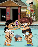 2017 artist:sonson-sensei carrying carrying_on_shoulders character:bobby_santiago character:clyde_mcbride character:lily_loud character:lincoln_loud character:lori_loud character:luan_loud character:lucy_loud character:lynn_loud character:ronnie_anne_santiago clynn group lifeguard piggyback pool ronniecoln sun swimsuit whistle // 2700x3354 // 4.6MB