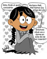 artist:lupdrawer character:meli_ramos dialogue looking_at_viewer sitting smiling solo spanish tagme // 953x1200 // 402KB