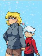 2022 alternate_outfit artist:mr_nobody blushing character:lincoln_loud character:lori_loud hand_holding hand_on_hip heart looking_away looking_up loricoln smiling snow sweater winter_clothes // 3072x4096 // 785KB