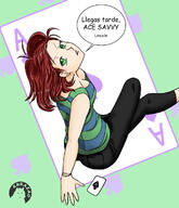 arm_support artist:kurazao beckycoln character:becky dialogue looking_at_viewer looking_back looking_up sitting solo spanish tagme talking_to_viewer // 1033x1200 // 508KB