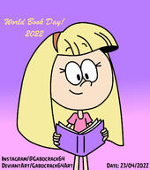 2022 alternate_outfit artist:gabocrack64 background_character book character:sweater_qt holding_object looking_down reading smiling solo text world_book_day // 1280x1449 // 175KB