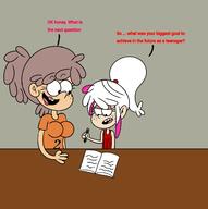 2nd_gen_sinkids aged_up artist:nicksfa book character:lacy_loud character:leda_loud comic dialogue holding_object lacycoln looking_at_another looking_down ocs_only original_character pen sin_kids smiling super_abomination // 1292x1302 // 328KB