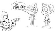 2016 artist:dipper background_character character:bratty_kid character:clyde_mcbride character:lincoln_loud dialogue gun sketch text // 930x535 // 179KB