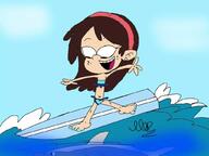 Artist:the_loudest_artist character:sid_chang looking_down smiling surfboard surfing swimsuit water // 1024x768 // 75KB