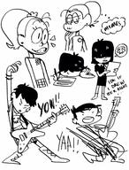 2016 arm_support artist:glibribs character:luan_loud character:lucy_loud character:luna_loud dialogue eyes_closed guitar half-closed_eyes hand_support holding_object instrument meme open_mouth raised_arm sketch skull smiling text thought_bubble writing // 975x1280 // 334KB