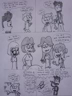 2017 adjusting_glasses alternate_outfit artist:adullperson biting_lip character:bobby_santiago character:dana character:lincoln_loud character:monica character:pam character:teri comic danacoln dialogue eyes_closed grin half-closed_eyes hand_gesture holding_arm holding_object licking looking_at_another microphone open_mouth pointing raised_eyebrow smiling suit sweat tagme teenage_boy text tongue_out // 1500x2000 // 816KB