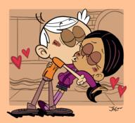 2023 artist:josealejandrocenteno blushing carrying character:lincoln_loud character:ronnie_anne_santiago eyes_closed hand_on_back hearts holding_arm interracial kiss kissing ronniecoln simple_background // 5500x5000 // 2.9MB