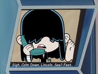 2022 artist:lincylover barefoot character:lucy_loud dialogue feet holding_object open_mouth phone solo talking_to_viewer text // 955x718 // 377KB