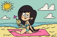 2019 artist:jose-miranda beach bikini character:tifa_lockhart final_fantasy holding_object smiling solo style_parody sun swimsuit tagme towel // 1255x817 // 99KB