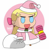 2020 alternate_outfit artist:julex93 character:londey_loud christmas christmas_outfit frowning hammer holding_object lolacoln meme mistletoe ocs_only open_mouth original_character padoru santa_bag santa_dress santa_hat sin_kids smiling solo // 1500x1500 // 199KB