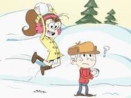 2016 ? alternate_outfit artist:holoparty character:lincoln_loud character:luan_loud earmuffs holding_object jumping smiling snow snowball tree winter_clothes // 1024x768 // 301KB