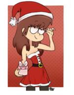 2016 alternate_hairstyle alternate_outfit artist:pyg character:lynn_loud christmas christmas_dress christmas_outfit cleavage freckles gift hair_down half-closed_eyes holding_object looking_at_viewer santa_dress santa_hat smiling solo // 720x919 // 502KB