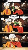 aged_up artist:loler182 beverage character:lincoln_loud character:lynn_loud comic dialogue drinking holding_beverage holding_object kissing looking_at_another lynncoln // 1138x2048 // 325KB