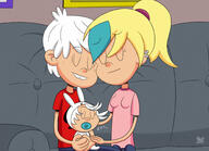 2022 aged_up artist:julex93 baby character:lincoln_loud character:sam_sharp couch eyes_closed hands_together holding_arm love_child original_character pacifier samcoln sitting smiling tagme teenage_boy // 2000x1450 // 1.4MB