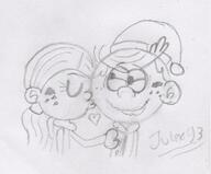 2016 alternate_outfit artist:julex93 blushing character:lincoln_loud character:ronnie_anne_santiago christmas eyes_closed heart kiss kissing ronniecoln santa_hat santa_outfit sketch smiling winter_clothes // 380x315 // 31KB