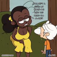 2022 afro aged_up artist:greendogg artist:sl0th bending_over big_breasts big_lips character:lincoln_loud character:luan_loud cleavage coloring dark-skinned_female dialogue edit half-closed_eyes hand_on_shoulder hand_on_thigh luancoln raceswap saliva size_difference smiling sweat text tree wide_hips // 2048x2048 // 2.8MB