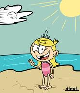 artist:alexl1196 beach character:lola_loud looking_at_viewer one_piece_swimsuit smiling solo sun swimsuit tagme waving // 612x707 // 47KB