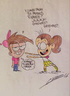 2016 artist:cirzchenatozamudio character:luan_loud character:timmy_turner crossover dialogue fairly_oddparents half-closed_eyes hand_gesture looking_at_viewer open_mouth pointing smiling spanish text thought_bubble // 934x1280 // 551KB