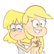 2018 artist:pyg character:leni_loud character:lori_loud covering frowning hands_on_breasts looking_at_viewer smiling topless // 1000x1000 // 365KB