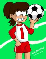 2016 artist:tsukino-kun ball character:lynn_loud hand_on_hip holding_object looking_at_viewer smiling soccer_ball solo // 2436x3159 // 2.1MB
