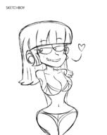artist:sketchboy big_breasts bikini character:maggie half-closed_eyes hands_behind_back heart looking_at_viewer sketch smiling solo swimsuit // 950x1200 // 190KB