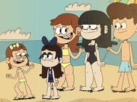 2023 aged_up artist:prU32140 beach character:benny_stein character:lexi_loud character:lilah_stein_loud character:luan_loud character:maggie cloud frowning looking_at_another love_child luaggie luanny original_character smiling swimsuit water // 979x734 // 108KB
