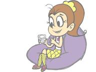 2016 artist_request beanbag character:luan_loud holding_object looking_down nintendo_ds sitting smiling solo // 512x387 // 40KB