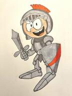 alternate_outfit armor character:lincoln_loud helmet holding_weapon knight looking_at_viewer shield smiling solo sword // 1536x2048 // 374KB
