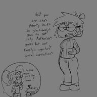 2022 aged_up artist:sl0th character:lisa_loud character:luan_loud dialogue frowning half-closed_eyes hand_gesture hand_on_hip looking_at_viewer open_mouth pointing saliva smiling text thick_thighs wide_hips // 800x800 // 162.1KB